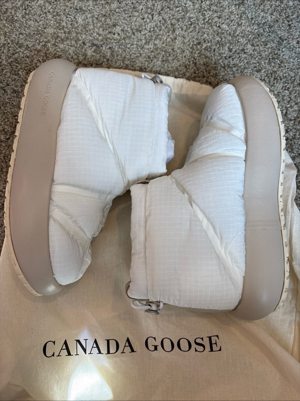 Canada Goose Women's White Puffer Winter Boots with Taupe Sole